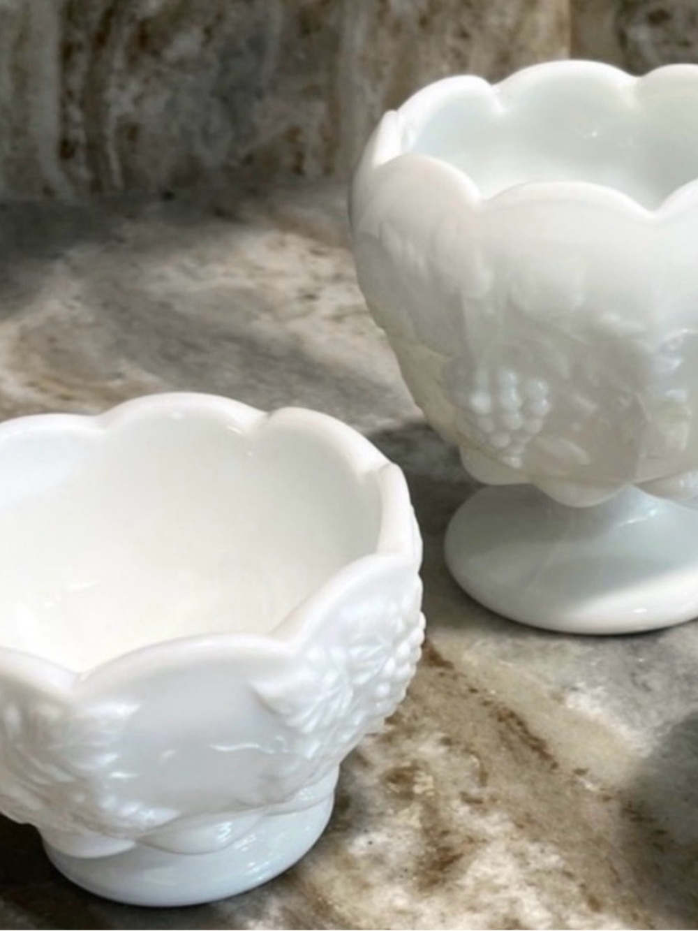 2 Westmoreland Milk Glass Dishes Grape Panel Bowls Candy, Fruit, Dessert